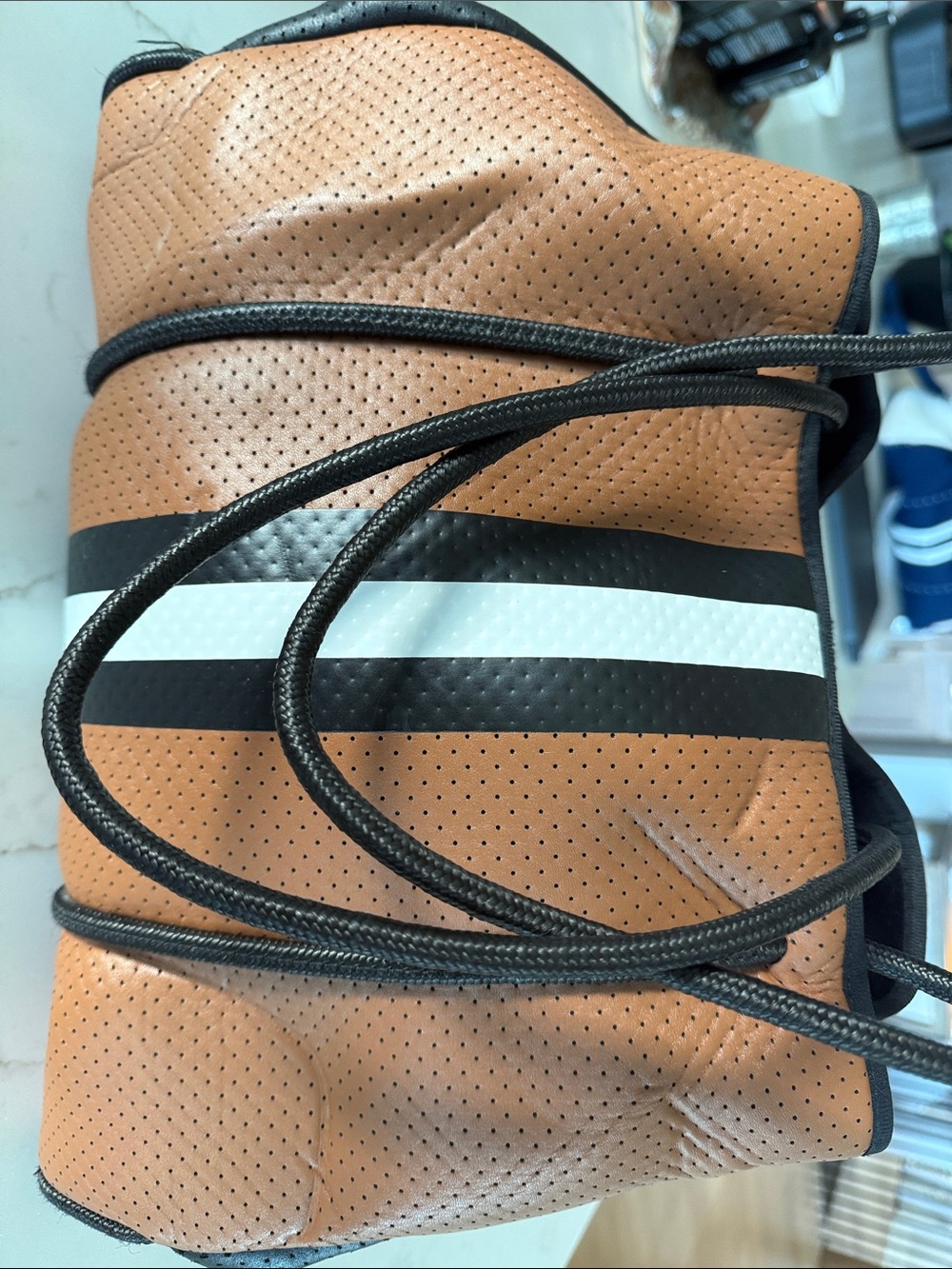 HAUTE SHORE Tan and Black Perforated Tote with White Stripe